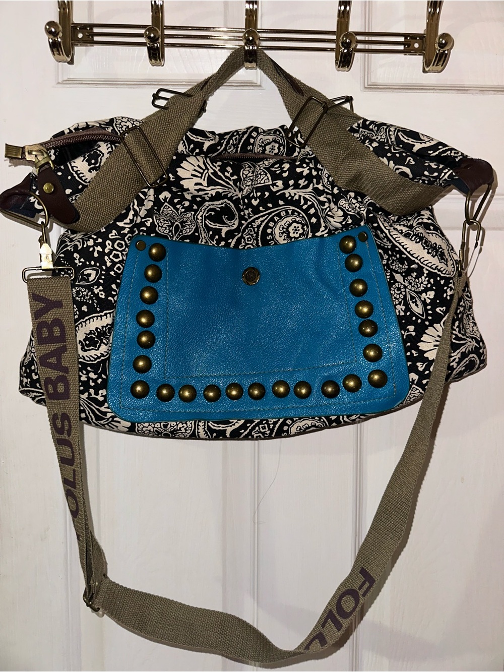 Folus Baby Blue Accent Paisley Shoulder Bag with Studded Front Pocket